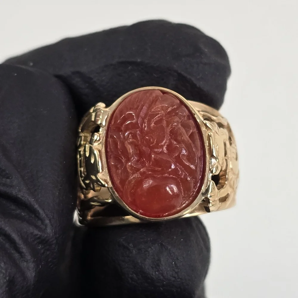 Heavy Rare / 14K Gold Carnelian Carved Chinese Dragon Ring